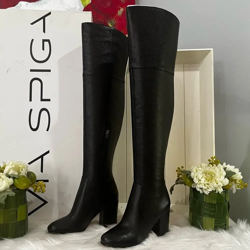NEW Via Spiga Pebbled Leather Over The Knee OTK Chunky Heel Almond Boots 5.5 NIB
